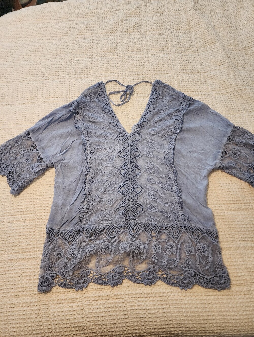 Mind Set Womens Slate Blue Lace Trimmed Vneck Boho Blouse Sz L Feminine Coquette